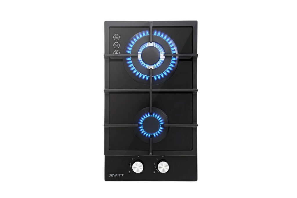 Devanti 30cm 2 Burner Gas Cooktop Black Glass NG/LPG – CT-GAS-2B-C-BK