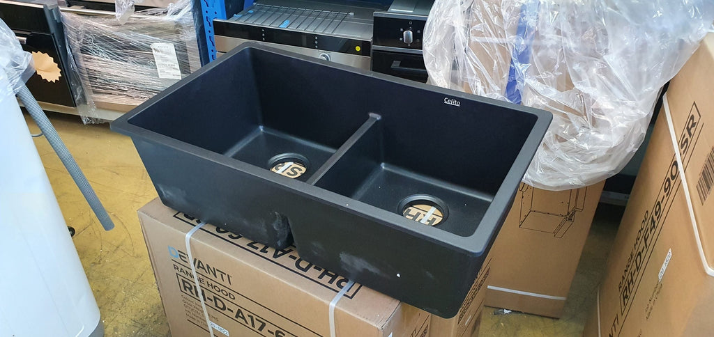 Cefito Stone Kitchen Sink 790X460MM Granite Under/Topmount Basin Double Bowl Black 70 Ways