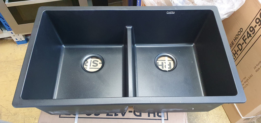 Cefito Stone Kitchen Sink 790X460MM Granite Under/Topmount Basin Double Bowl Black 70 Ways