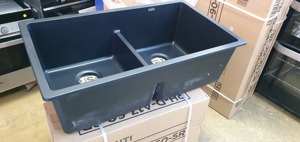 Cefito Stone Kitchen Sink 790X460MM Granite Under/Topmount Basin Double Bowl Black 70 Ways