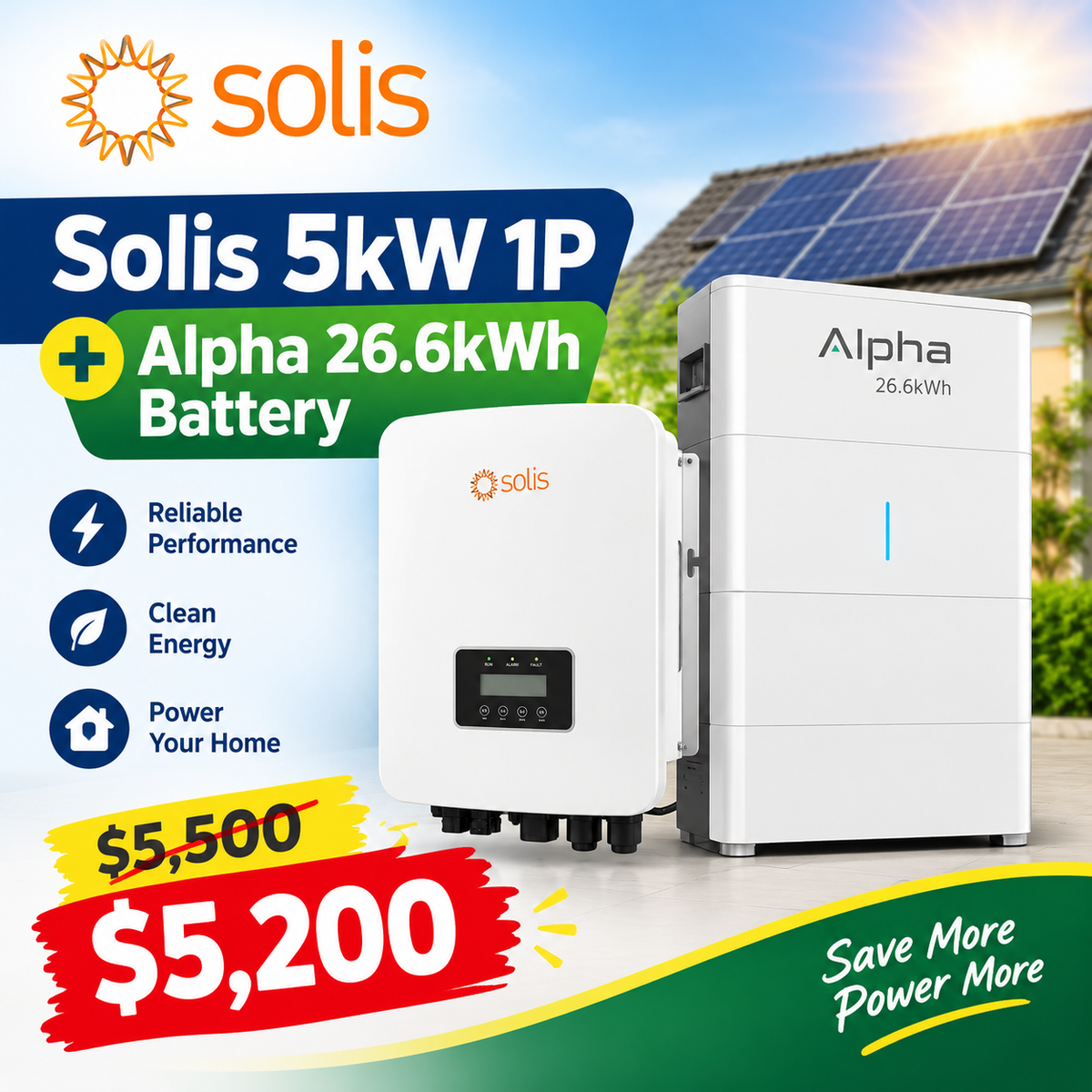 Solis 5kW Single Phase Inverter + Alpha 26.6kWh Battery | Solar Energy Storage System