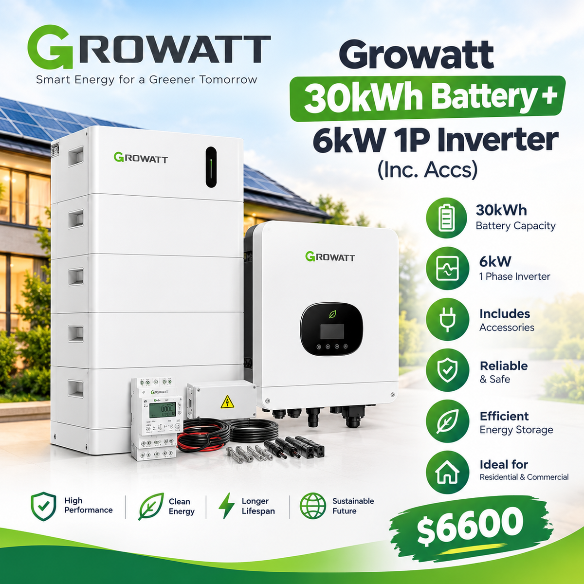 Growatt 30kWh Battery & 6kW Single-Phase Inverter Kit with Accessories