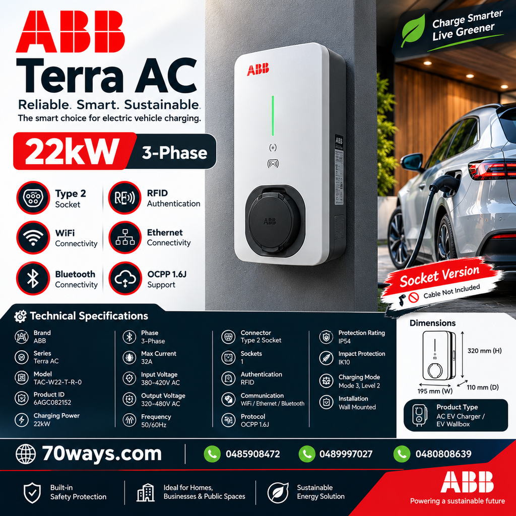 ABB Terra EV Charger 22kW – 3-Phase, Type 2 Socket,