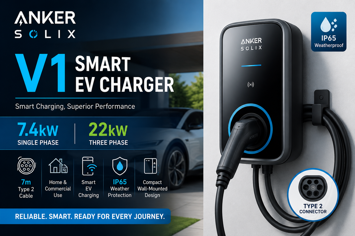 Anker SOLIX V1 Smart EV Charger – 7.4kW & 22kW, 7m Type 2 Cable