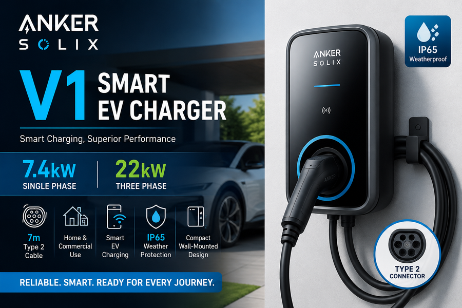 Anker SOLIX V1 Smart EV Charger – 7.4kW & 22kW, 7m Type 2 Cable