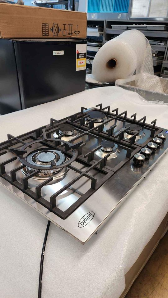 Belling 75cm Stainless Steel Gas Cooktop 5 Burner Premium Cast Iron Trivets 70 Ways