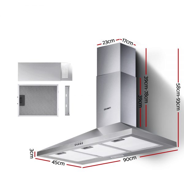 Devanti Range Hood 90cm 900mm Kitchen Canopy Stainless Steel Rangehood Wall Mount silver 70 Ways