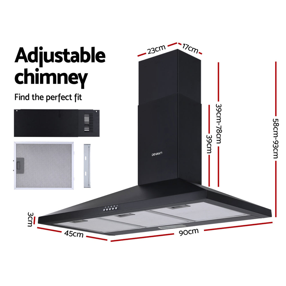 Devanti Range Hood Rangehood 90cm 900mm Kitchen Canopy LED Light Wall Mount Black 70 Ways