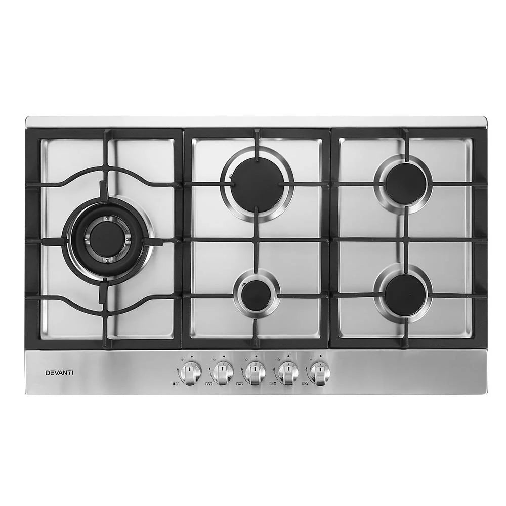 Devanti Gas Cooktop 90cm 5 Burner Silver 70 Ways