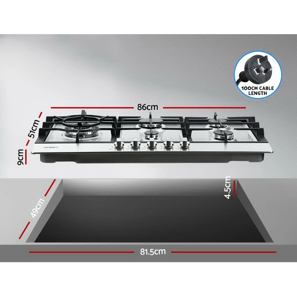 Devanti Gas Cooktop 90cm 5 Burner Silver 70 Ways