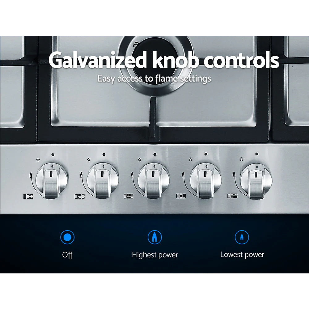 Devanti Gas Cooktop 90cm 5 Burner Silver 70 Ways