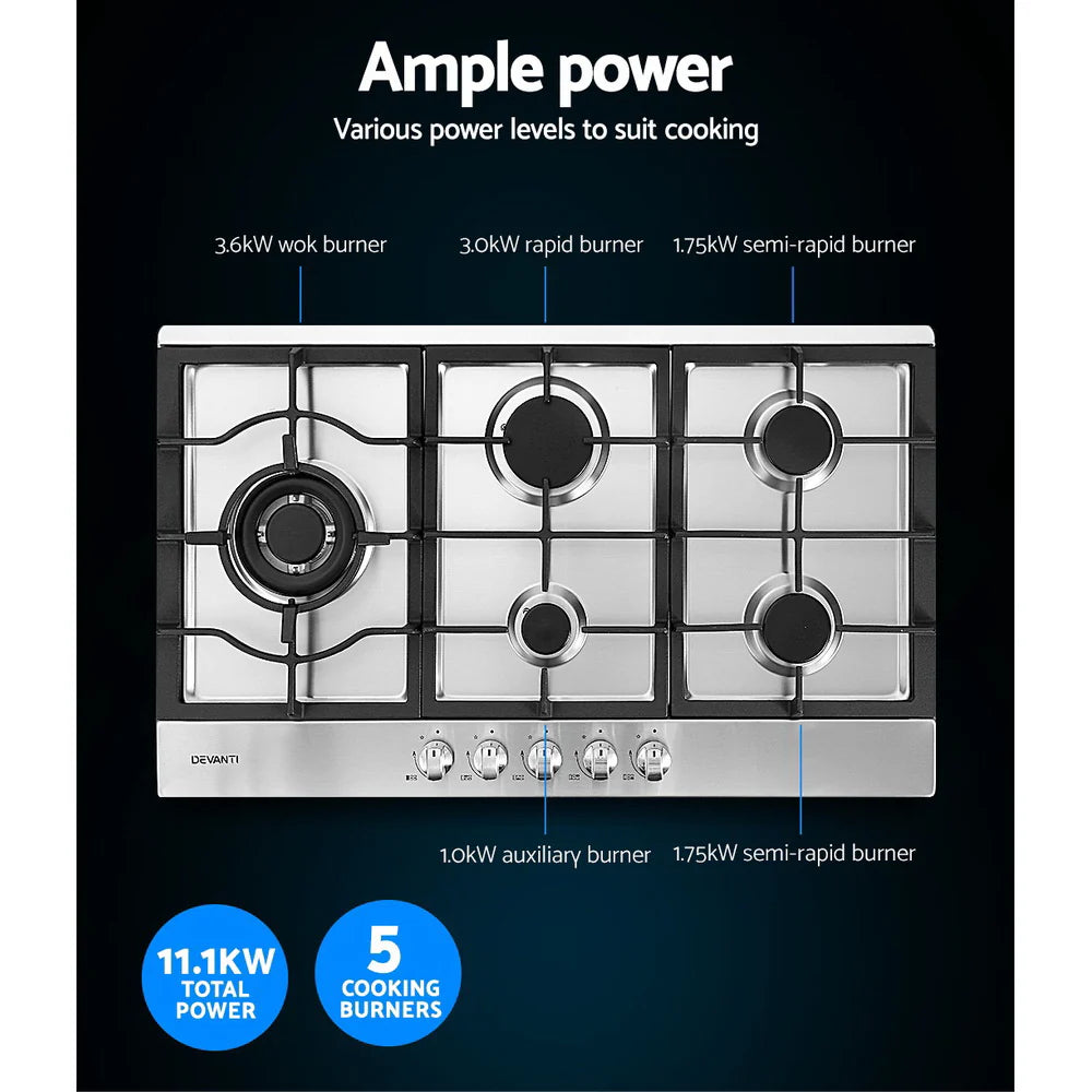 Devanti Gas Cooktop 90cm 5 Burner Silver 70 Ways