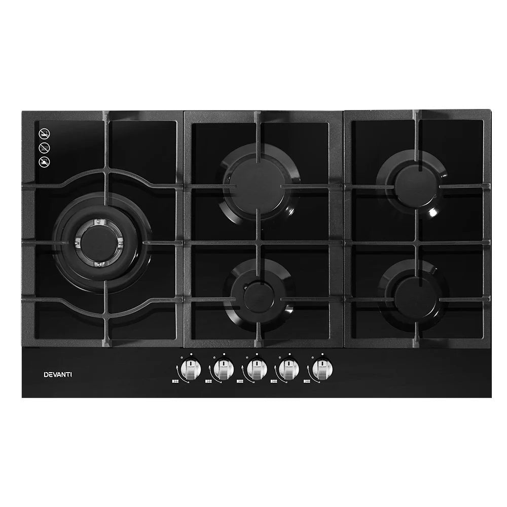 Devanti Gas Cooktop 90cm 5 Burner Black 70 Ways