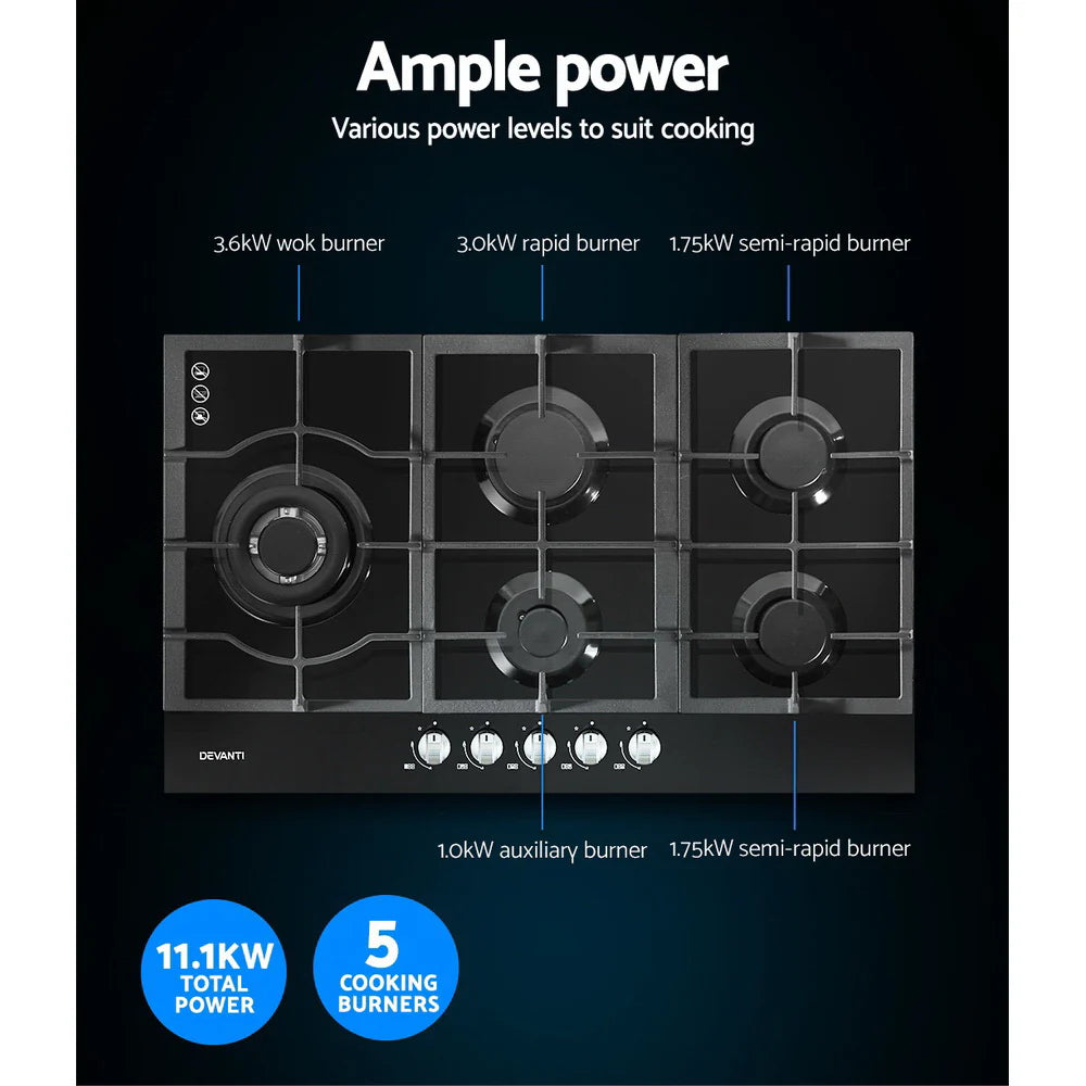 Devanti Gas Cooktop 90cm 5 Burner Black 70 Ways