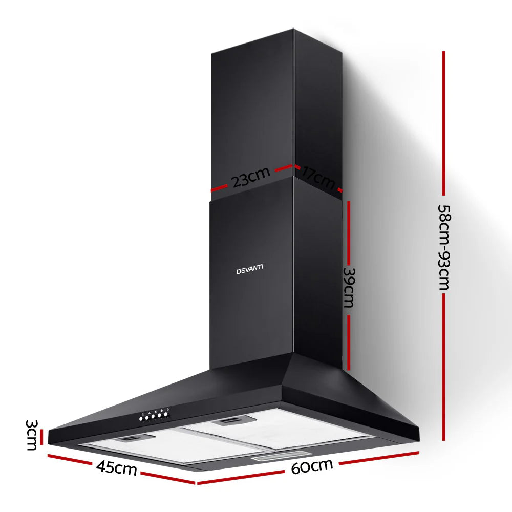 Devanti Pyramid Range Hood Rangehood 600mm 60cm Kitchen Canopy Black 70 Ways