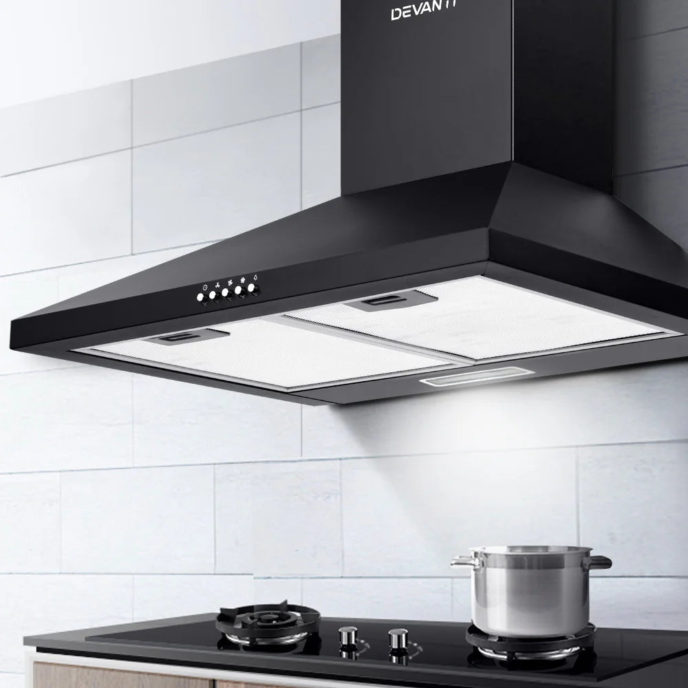 Devanti Pyramid Range Hood Rangehood 600mm 60cm Kitchen Canopy Black 70 Ways