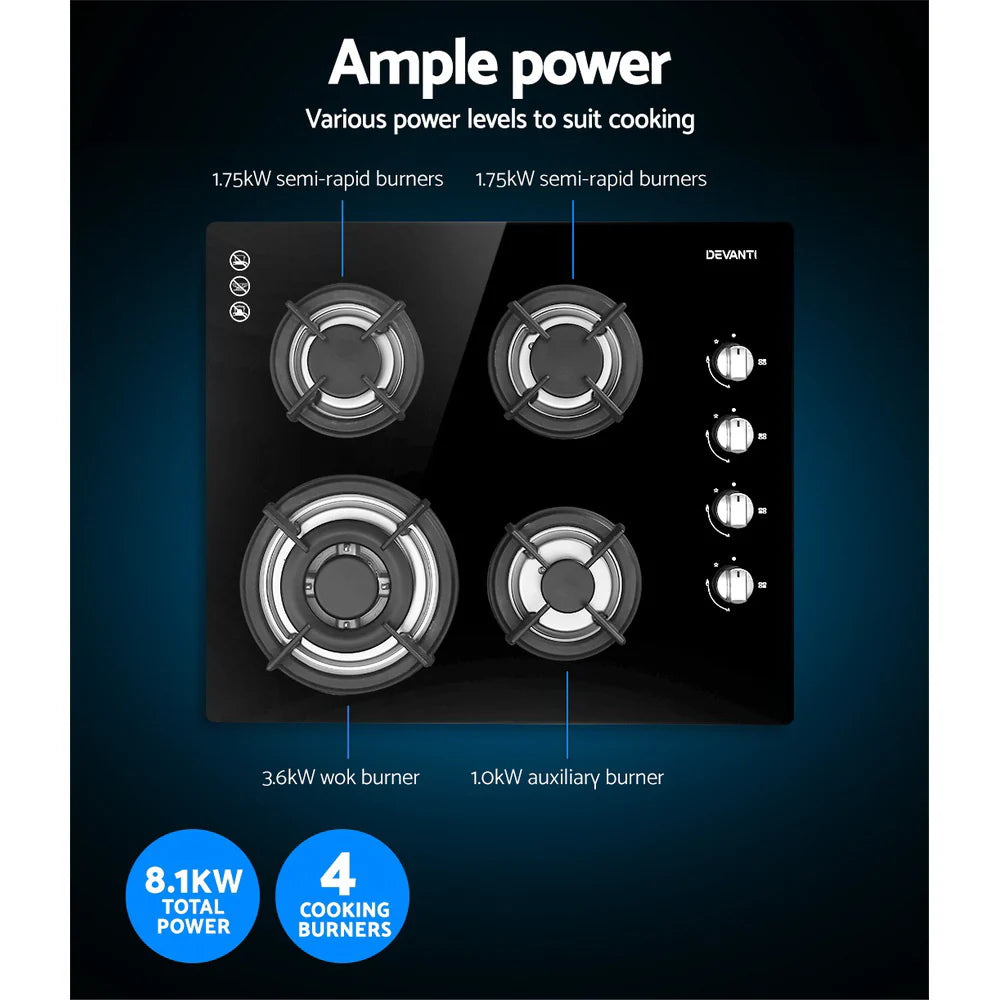Devanti Gas Cooktop 60cm Stove Hob Black 70 Ways