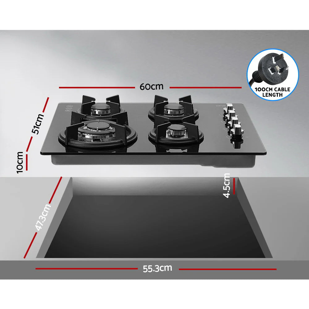 Devanti Gas Cooktop 60cm Stove Hob Black 70 Ways