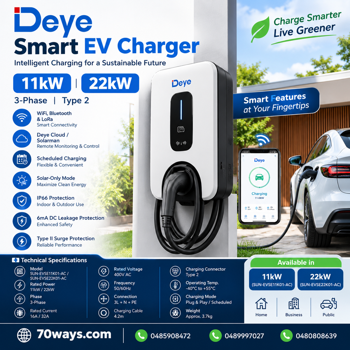 Deye Smart EV Charger – 11kW & 22kW, 3-Phase, Type 2