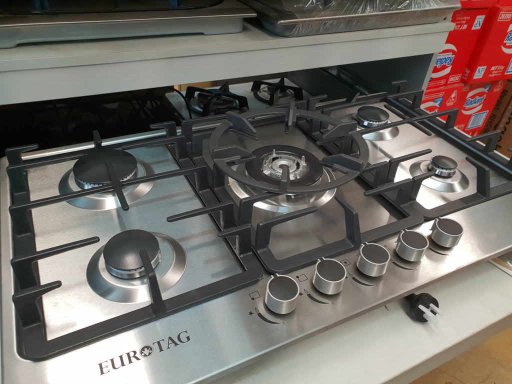 EuroTag 900MM / 90CM STAINLESS STEEL Gas Cooktop With Heavy Duty Cast Iron And WOK BURNER Italian Sabaf burner 70 Ways