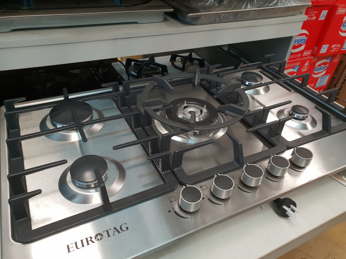 EuroTag 900MM / 90CM STAINLESS STEEL Gas Cooktop With Heavy Duty Cast Iron And WOK BURNER Italian Sabaf burner 70 Ways