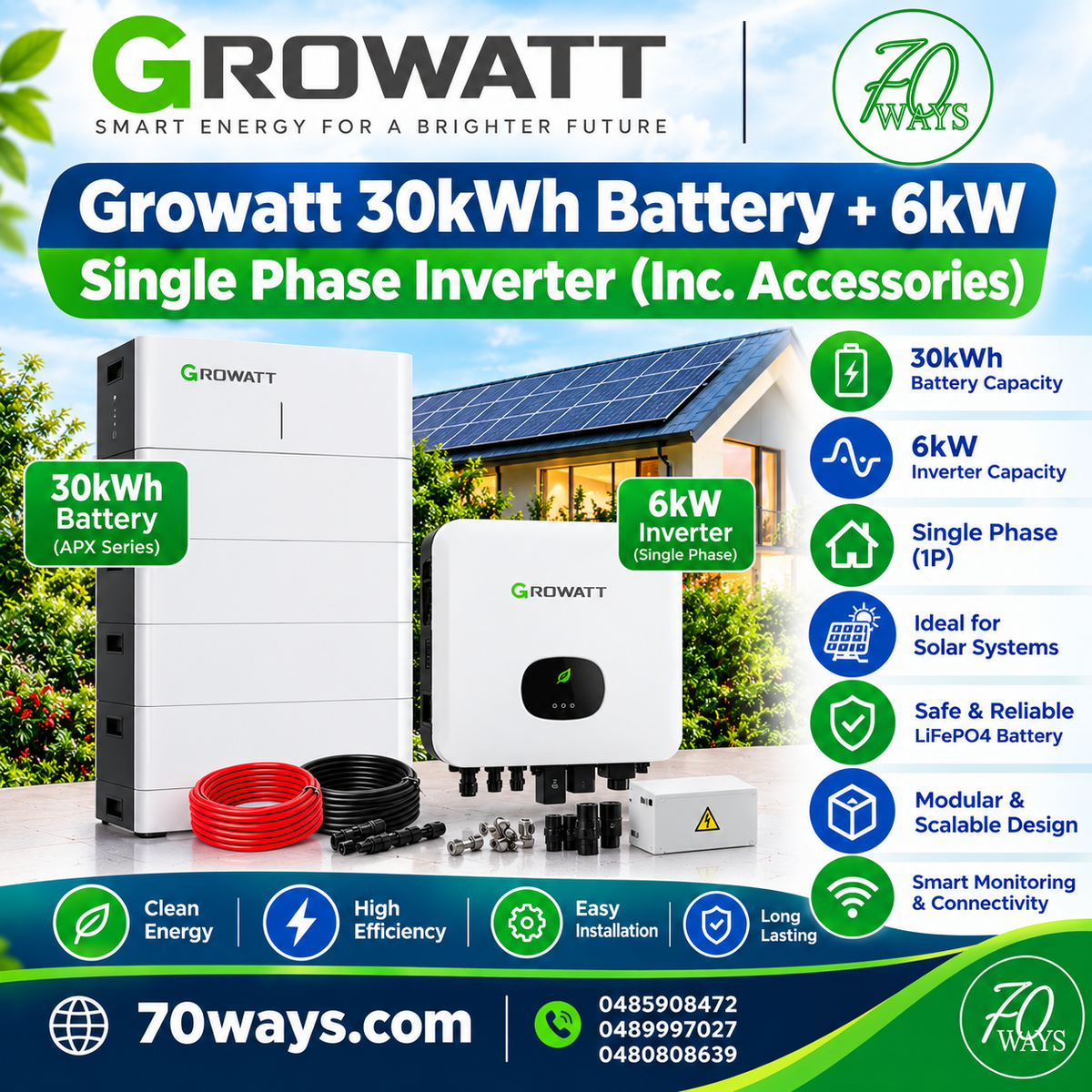 Growatt 30KWh Battery + 6KW 1P Inverter (Inc. Accs)