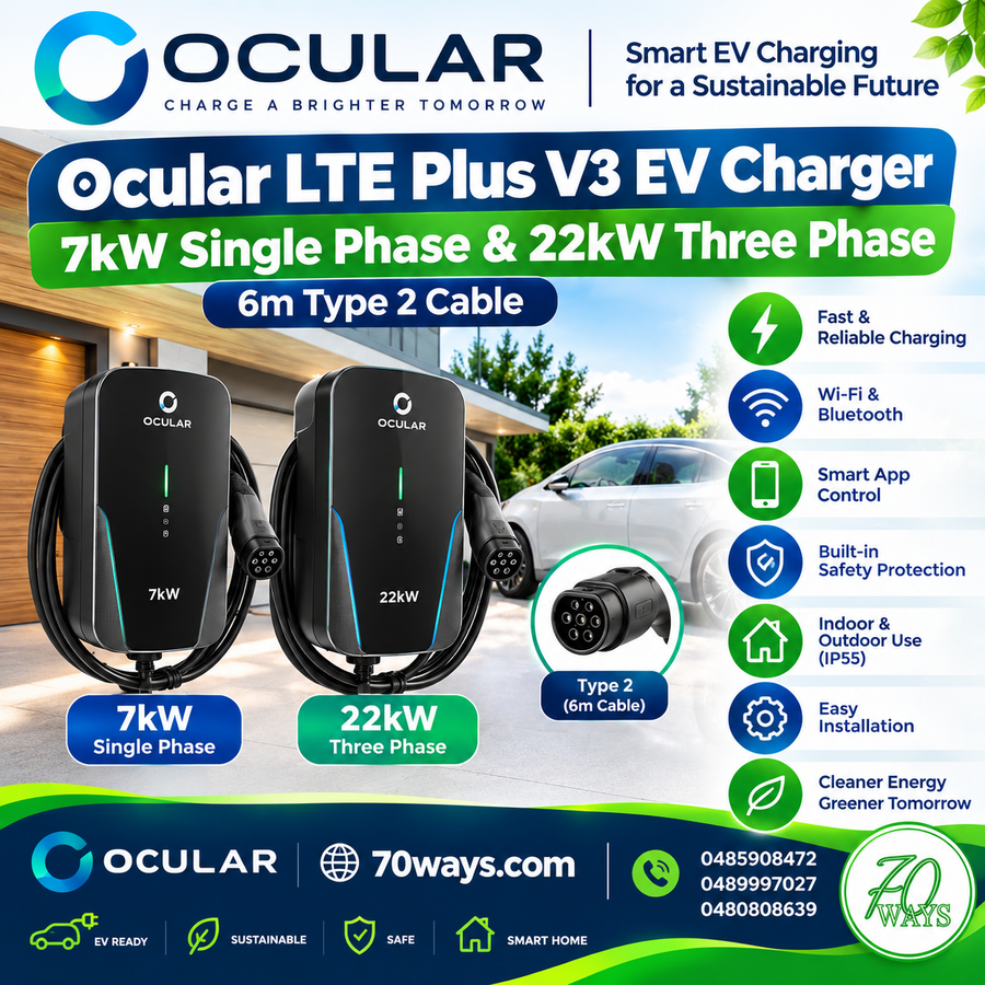 Ocular LTE Plus V3 EV Charger | 7kW & 22kW  | 1 & 3 Phase | 6m Type 2 Cable