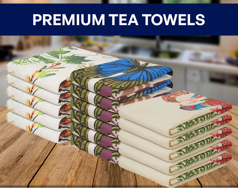 Printed Kitchen Tea Towels Set – Peacock, Fruits, and Butterfly Designs, 100% Cotton, Stylish, Chemical Free, & Machine Washable 70 Ways