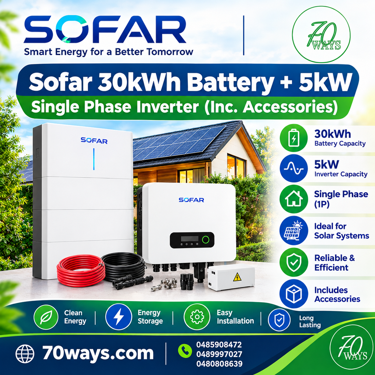 Sofar 30kWh Battery + 5kW Single Phase Inverter with Accessories