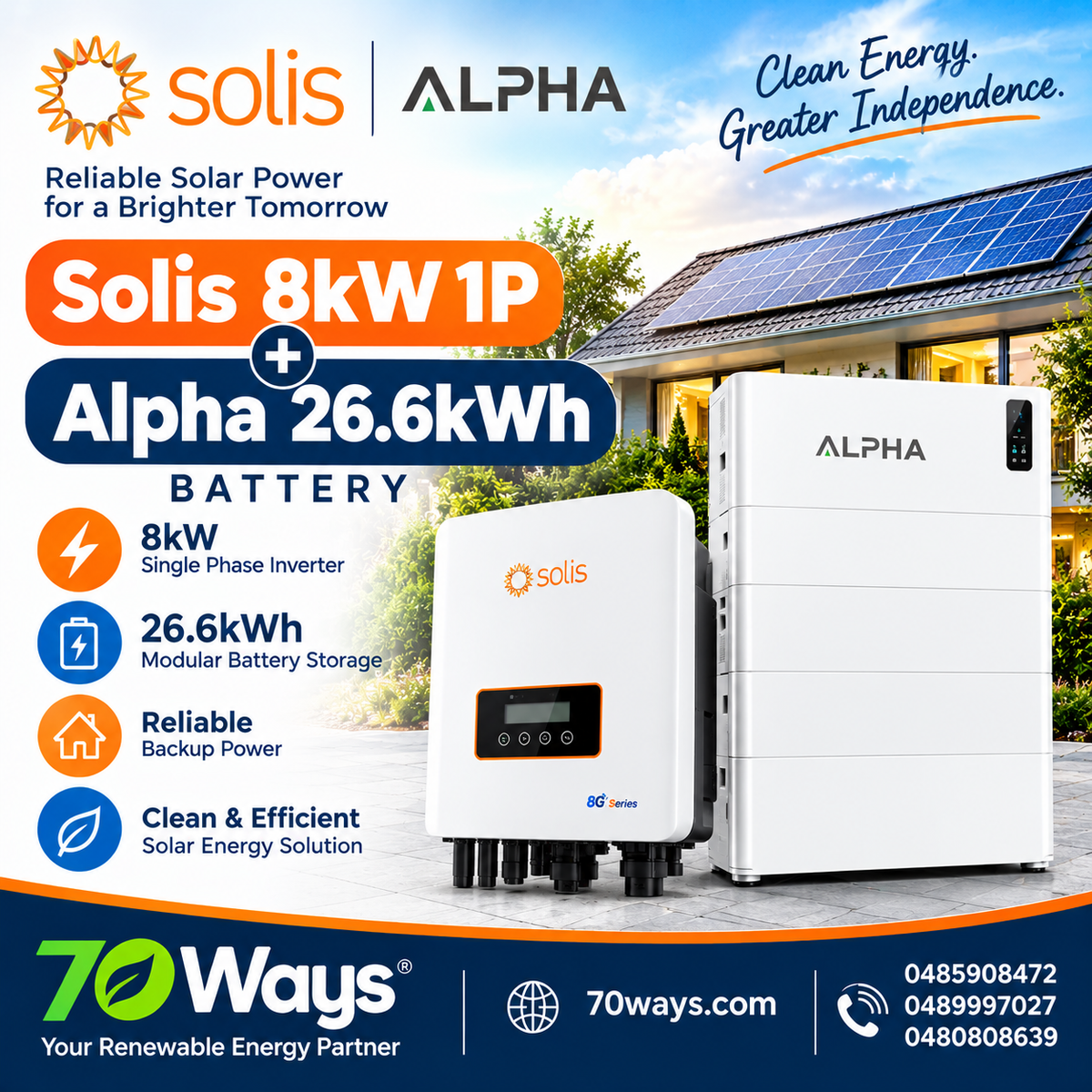 Solis 8kW Single Phase Inverter + Alpha 26.6kWh Battery Storage System