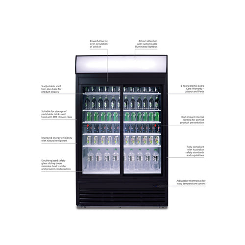 Bromic 945L Upright Display Fridge – Double Sliding Glass Doors, LED Lightbox & Energy Efficient Cooling/ Temp. Range: +1°C to +10°C 70 Ways