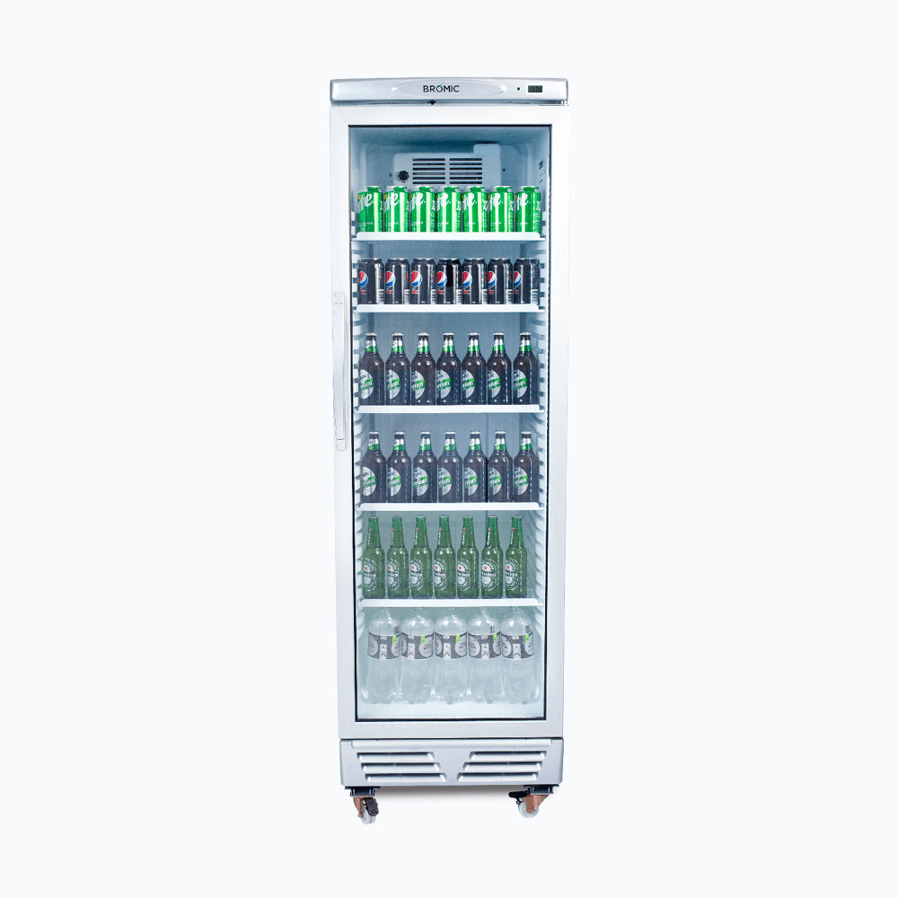 Upright Display Fridge – 372L – 1 Door – Flat Glass – White with Silver Trim 70 Ways