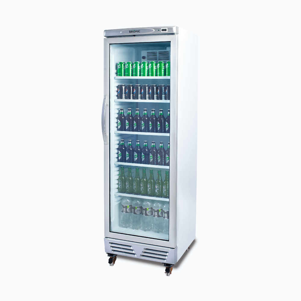 Upright Display Fridge – 372L – 1 Door – Flat Glass – White with Silver Trim 70 Ways