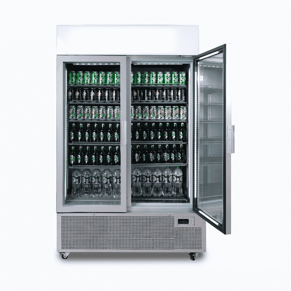 Upright Display Fridge – 1082L – 2 Door – Flat Glass – Lightbox – Silver 70 Ways