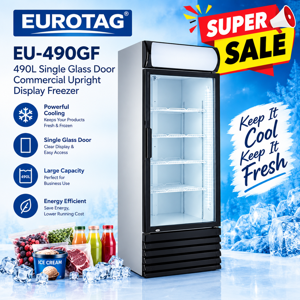 EUROTAG EU-490GF 490L Single Glass Door Commercial Upright Display Freezer