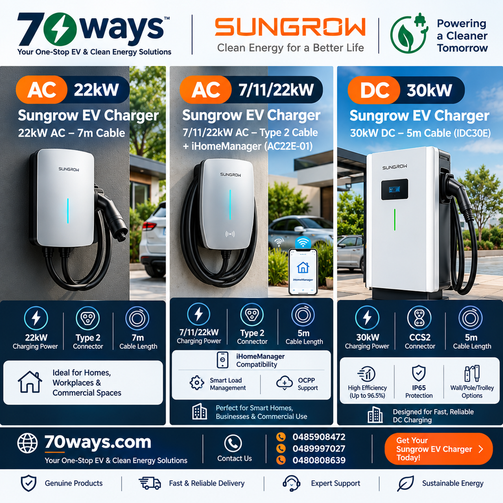 Sungrow EV Charger – 7kW, 11kW, 22kW & 30kW | Type 2 & DC Charging