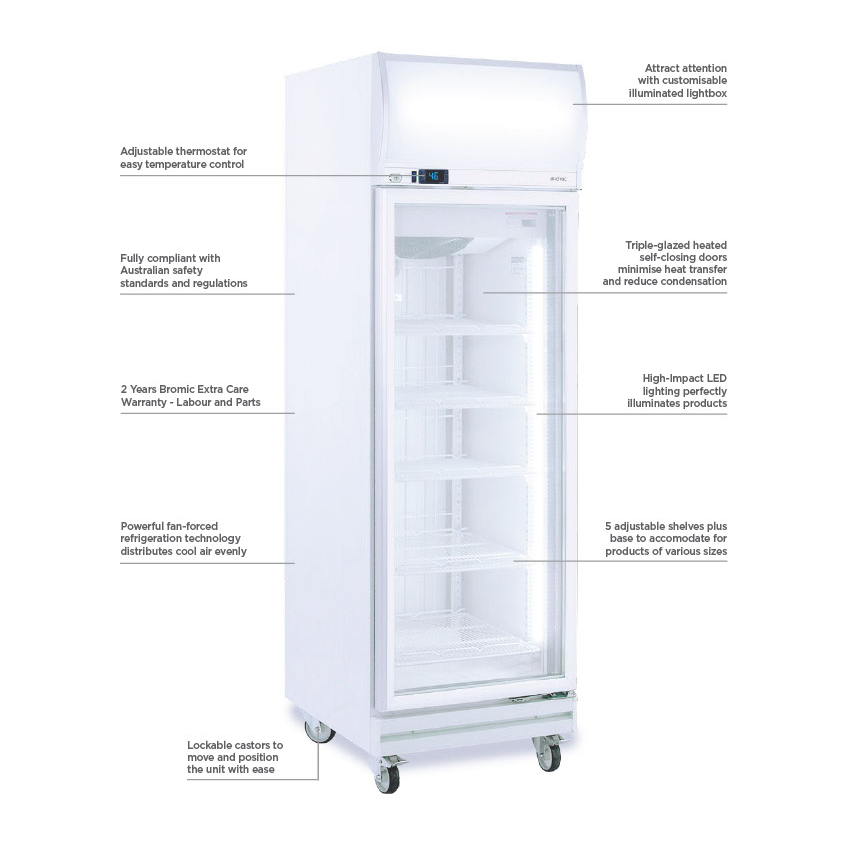 Bromic Upright Display Freezer – 444L – 1 Door – Flat Glass – Lightbox-Temp. Range: +2°C to +8°C 70 Ways